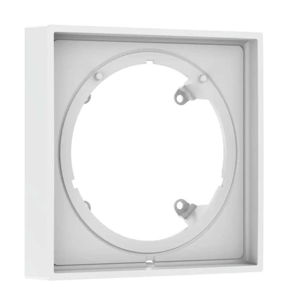 Weißes, quadratisches Montagesystem mit runder Aussparung in der Mitte und Befestigungselementen, geeignet für die Installation von Hansgrohe Produkten.